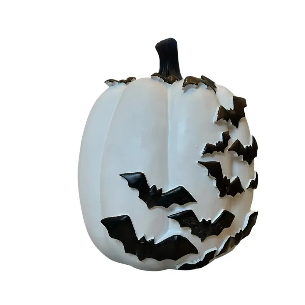 Black Flying Bats White Resin Pumpkin 12in Hauntingly Chic Halloween Decor NEW